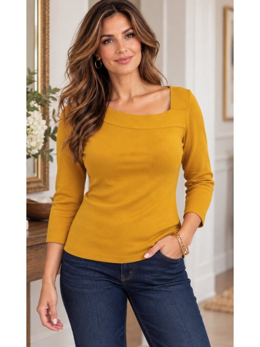 Inc International Concepts Asymmetrical Square Neckline Knit Top L XL Mustard